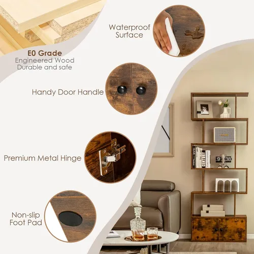 Miniatura 6 de Tangkula Estantería en forma de S con gabinete, estantería de 6 niveles con puertas, estanterías geométricas independientes para sala de estar