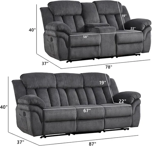 Miniatura 2 de CANMOV Juego de sofá reclinable, sofá biplaza reclinable manual y sofá de 3 plazas con reposabrazos sobrerelleno para sala de estar, muebles de Gris