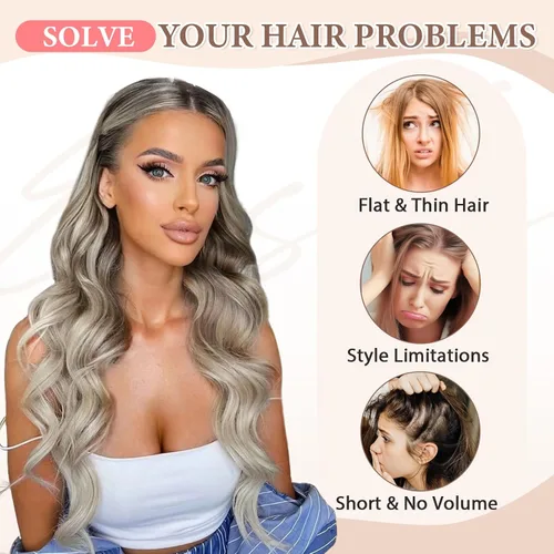 Miniatura 5 de Fliace Extensiones de cabello con clip, 6 piezas de extensiones onduladas, cabello espeso rubio ceniza, extensiones de cabello que se mezclan bien