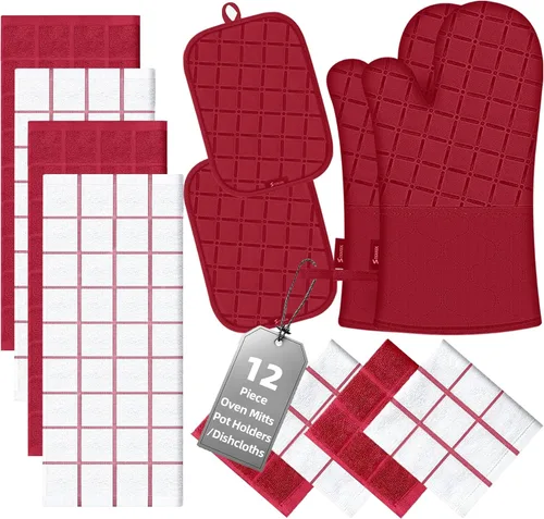 Miniatura 9 de Manoplas de horno para toallas de cocina y paños de cocina, juego de soportes para ollas, guantes de cocina, paños de cocina resistentes al calor