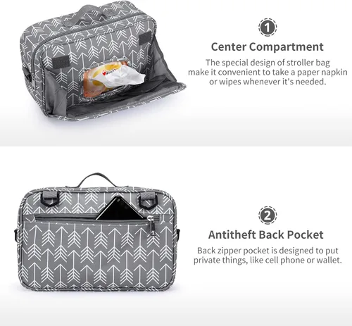 Miniatura 9 de Organizador universal para cochecito todo en uno con bolsillo aislado, capacidad para pañales, juguetes y aperitivos, color gris oscuro Arrow