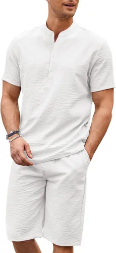 COOFANDY Conjunto de 2 piezas de lino para hombre, camisas Henley casuales de manga corta, pantalones cortos de yoga para la playa, pantalones