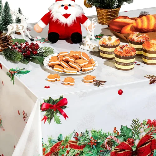 Miniatura 5 de Tiamon Manteles de plástico de 3 piezas, impermeables, desechables, rectangulares, fundas de mesa de Navidad para suministros de fiesta de Navidad