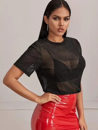 Miniatura 3 de MakeMeChic Blusa de verano de manga corta para mujer con malla transparente y sexy