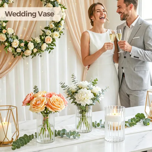 Miniatura 4 de ComSaf Jarrones de vidrio cilíndricos, paquete de 12, jarrones claros acanalados para centros de mesa y decoración de boda, jarrones de flores