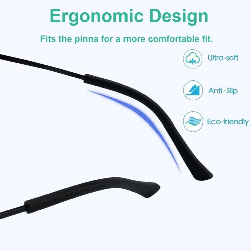 Miniatura 2 de Junsika Patillas de repuesto de lentes antideslizantes de silicona suave para patas planas y delgadas, 8 pares, color negro