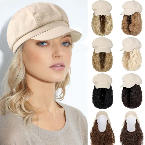 Qlenkay Gorra Newsboy con Extensiones de Cabello Bob Gorra Caqui Peluca Boina con Visera de 8 Paneles Adjunta Sintética 14'' Postizo Corto Rizado