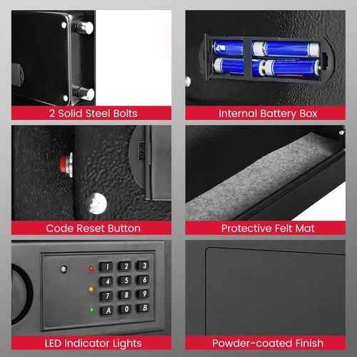 Miniatura 8 de S AFSTAR Caja fuerte de pared, caja de seguridad digital electrónica con teclado y 2 llaves de emergencia, estante extraíble y luces LED, caja