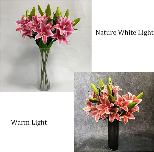 Miniatura 8 de YalzoneMet RUZUQE - 2 flores artificiales de lirio de color rosa profundo de 28 pulgadas, lirios falsos de tacto real, 3 cabezales, flora sintética