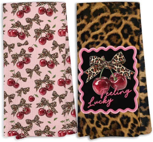 Juego de 2 toallas de cocina retro con lazo de leopardo, decoración de baño femenina de leopardo, toallas de mano con estampado de guepardo