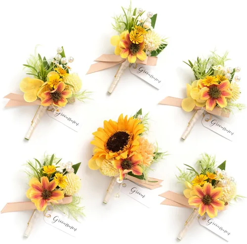 Miniatura 14 de Ling's Moment Boutonniere para Hombres Boda, Juego de 6, Novio y Padrinos Boutonniere para Boda Regreso a Casa Halloween Ceremonia Aniversario, Cena