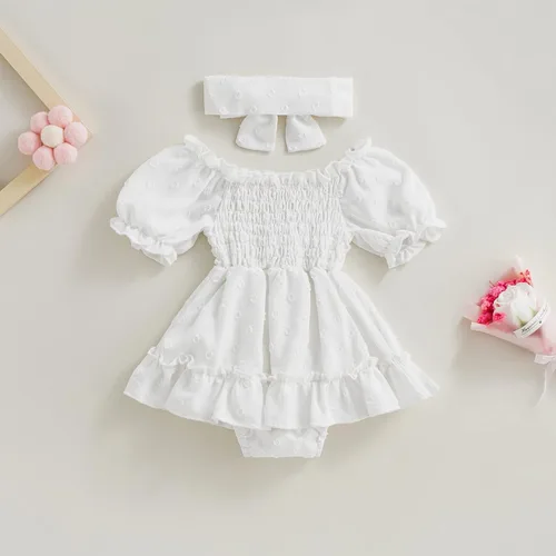 Miniatura 17 de Mameluco para bebés y niñas de 3, 6, 9, 12, 18 meses, enterizo de manga corta, fruncido, faldas y dobladillo, diadema