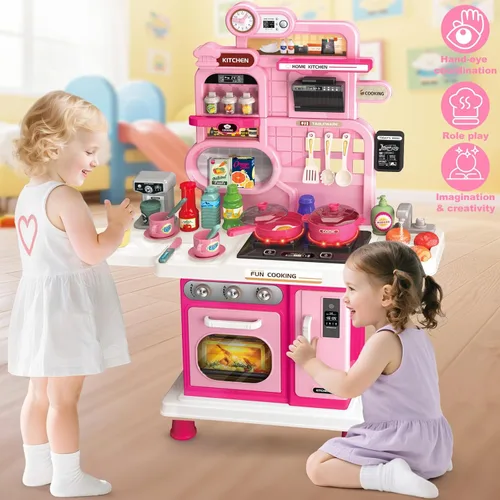 Miniatura 6 de Juego de cocina, juego de cocina para niños con sonido y luz realistas, estufa de cocina, fregadero, comida de juego y accesorios, 57 piezas, Rosa