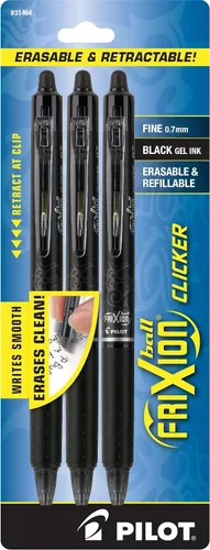 PILOT FriXion Clicker - Bolígrafos de tinta de gel borrables, recargables y retráctiles, punta fina 0.7 mm, tinta negra, paquete de 3 - Ideal para