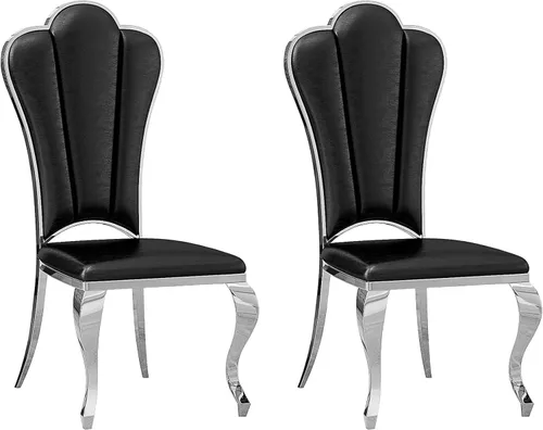 Juego de 2 sillas de comedor de cuero, sillas de cocina tapizadas negras con respaldo alto con patas de acero inoxidable plateadas, modernas sillas