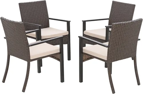 Miniatura 13 de Sophia & William Juego de 4 sillas de ratán para patio, 4 sillas de comedor de mimbre para exteriores con cojines de asiento y reposabrazos de madera