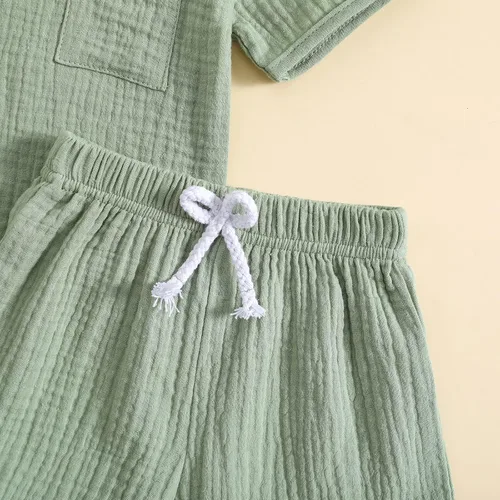 Miniatura 6 de Conjunto de 2 piezas de camiseta de algodón y lino de manga corta y pantalones cortos elásticos, 2 piezas, ropa casual de verano