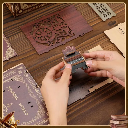 Miniatura 6 de Kit de rincón de libros de bricolaje, diorama de sujetalibros con LED, rompecabezas de madera 3D, kits de casa en miniatura para bricolaje