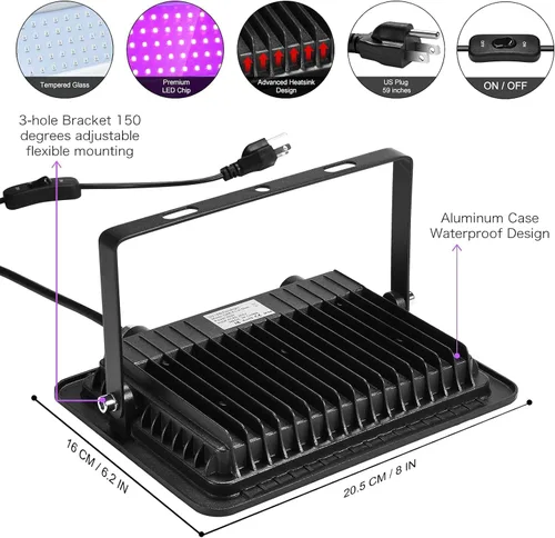 Miniatura 7 de XYCN Paquete de 2 bombillas LED de luz negra de 100 W, foco de luz negra con enchufe y interruptor, neón con clasificación de protección IP66