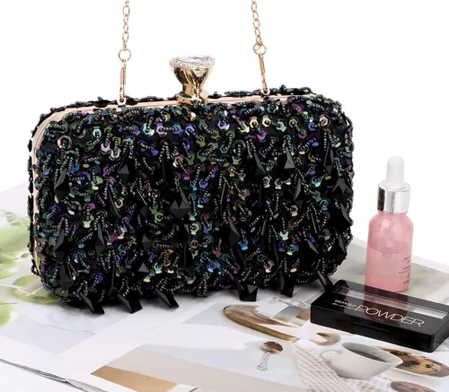 Miniatura 7 de Oweisong Bolso de mujer con diamantes de imitación de cristal negro para boda, bolso de hombro con cuentas de diamantes brillantes para graduación