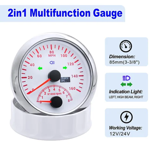 Miniatura 2 de ARTILAURA Velocímetro GPS 0-257 km/h con Tacómetro 8000 RPM Medidor de 85 mm 3-3/8" Velocímetro GPS para Barco con Antena para Coche Marino (Blanco)