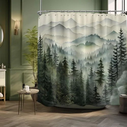 Miniatura 39 de Cortina de ducha azul marino de bosque Cortina de ducha azul oscuro de montaña y naturaleza para decoración de baño de hombres, tela impermeable