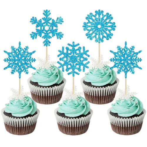 Miniatura 8 de Gyufise Paquete de 24 adornos de copos de nieve Oh Baby para cupcakes con purpurina azul Frozen Oh Baby Pick Decoraciones para baby shower