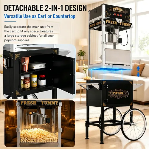 Miniatura 2 de 20 OZ Commercial Popcorn Machine with Cart - Stainless Steel Kettle Popper with Wheels, Warming Deck & Tempered Glass, for Business, School