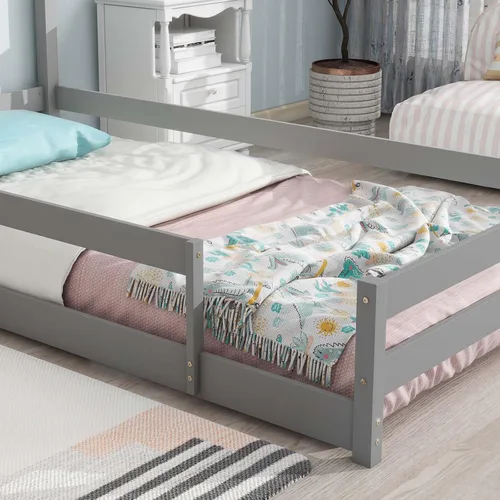 Miniatura 5 de Cama Montessori de madera tamaño individual con cabecera y cercas en forma de casa, cama de plataforma completa para niños, niñas, niños, altura Gris