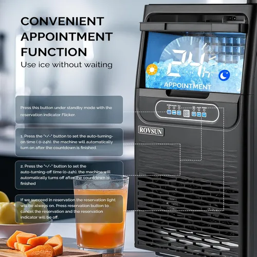 Miniatura 6 de ROVSUN Máquina de hielo comercial 70LBS/24H con 2 entradas de agua, máquina de hielo de acero inoxidable para encimera e independiente para Negro