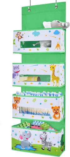 Miniatura 8 de WERNNSAI Organizador colgante de dinosaurio para colgar sobre la puerta, almacenamiento detrás de la puerta con 4 bolsillos transparentes