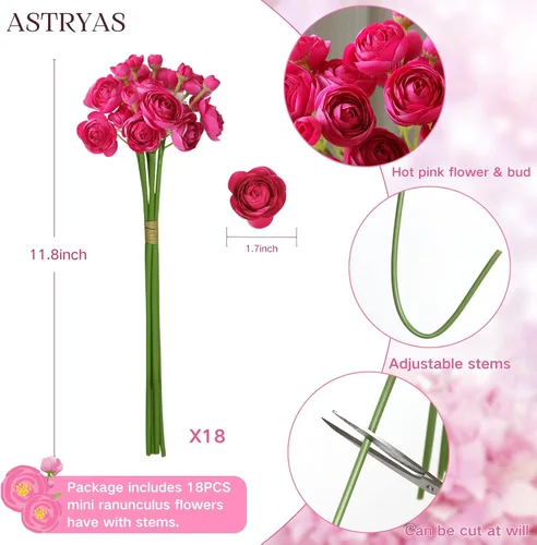 Miniatura 2 de ASTRYAS Ranunculus Flores artificiales, 18 piezas de seda sintética de color rubor, mini ranúnculo, flores falsas para relleno de boda para ramos