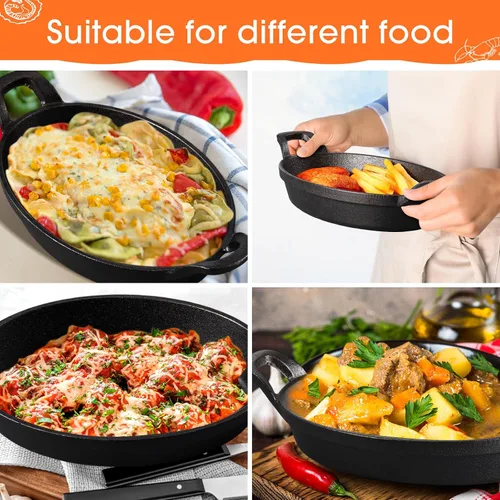 Miniatura 4 de Mifoci Paquete de 2 mini fajitas de hierro fundido, 8.5 x 6.1 pulgadas, sartén ovalada para carne, juego de moldes pequeños, cacerola negra