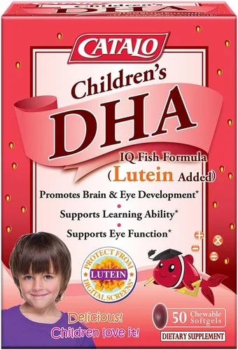CATALO Fórmula DHA IQ para niños con luteína de extracto de caléndula - Omega 3 para niños, deliciosas cápsulas blandas masticables con sabor a