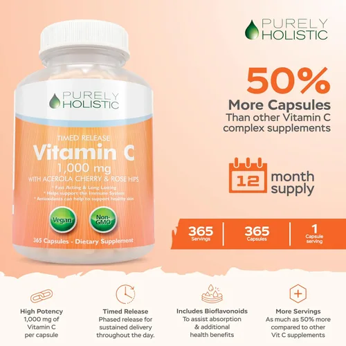 Miniatura 8 de Purely Holistic Vitamina C 1000 mg + curcumina de cúrcuma orgánica de 700 mg y bioperina - 365 + 120 cápsulas - Paquete vegano - con rosa mosqueta