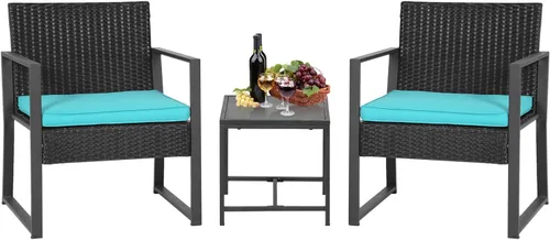 Miniatura 22 de FDW Juego de muebles de patio de 3 piezas Negro Muebles de mimbre para exteriores con mesa de café Juego de sillas de ratán moderno