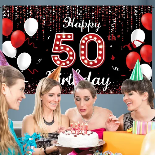 Miniatura 3 de Cartel de fondo de decoración de cumpleaños número 50, decoraciones de feliz cumpleaños 50 para mujeres, rojo, negro y blanco, cartel de fiesta
