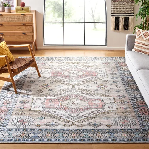 Miniatura 10 de SAFAVIEH Tucson Collection - Alfombra lavable de 2 pies 6 pies x 8 pies, beige y verde, antideslizante y fácil de limpiar, ideal para pasillo