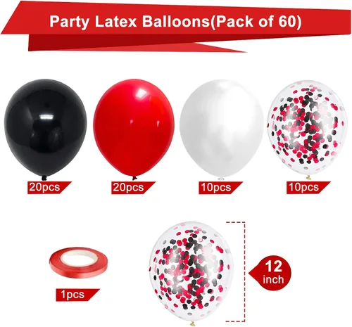 Miniatura 2 de Globos de látex de confeti negro y rojo, paquete de 60 globos de fiesta de confeti negro y rojo de 12 pulgadas para el día de la madre, cumpleaños