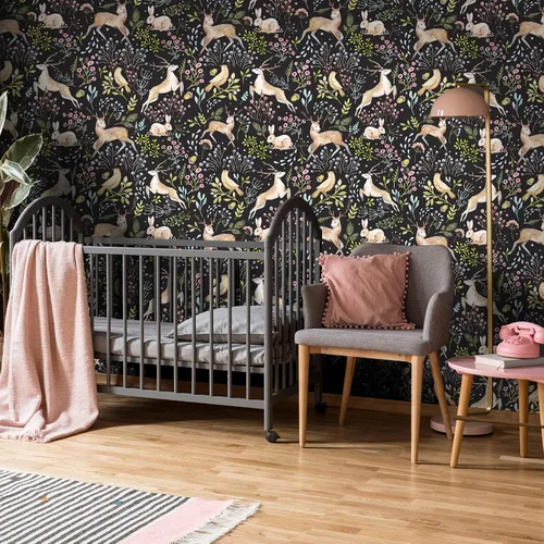 Miniatura 4 de VaryStyle Papel tapiz de 17.7 x 118 pulgadas con diseño de animales del bosque, selva, lindo ciervo, conejo, pájaro, musgo, floral, papel