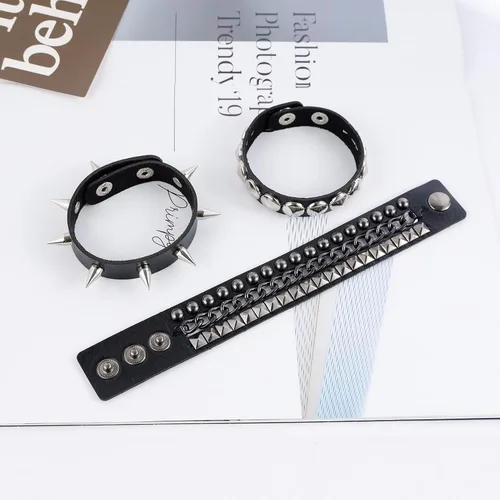 Miniatura 4 de MILAKOO 3 unids hombres tachonado brazalete remaches pulsera cuero remaches pulsera