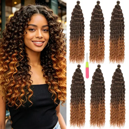 Miniatura 25 de MAYSA Extensiones de cabello sintético de ganchillo con ondas oceánicas, color 4 marrón, 22 pulgadas, rizado trenzado, extensiones de cabello