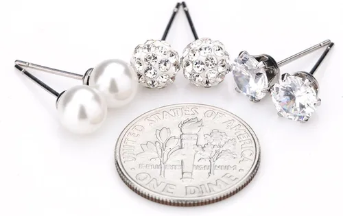 Miniatura 55 de JewelrieShop - Juego de aretes de tuerca de acero inoxidable con circonitas cúbicas y perlas de imitación, 3 pares de 0.236 in