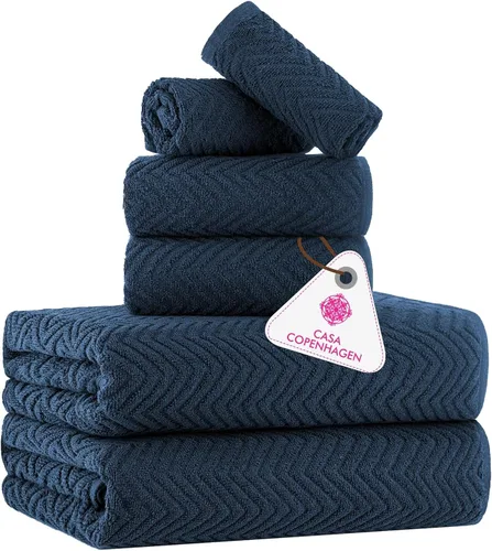 CASA COPENHAGEN Juego de toallas texturizadas onduladas de 6 piezas - Azul marino, 550 g/m², 2 toallas de baño, 2 toallas de mano, 2 toallitas,