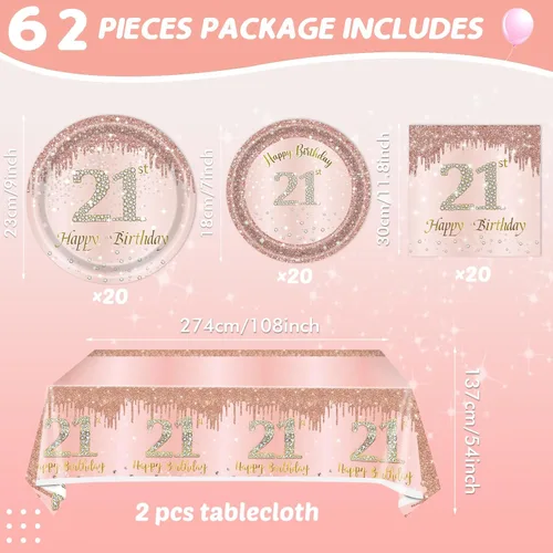 Miniatura 2 de 62 piezas de decoraciones de cumpleaños número 21 para niñas y ella, suministros de fiesta de cumpleaños de oro rosa incluyen 40 platos, 20