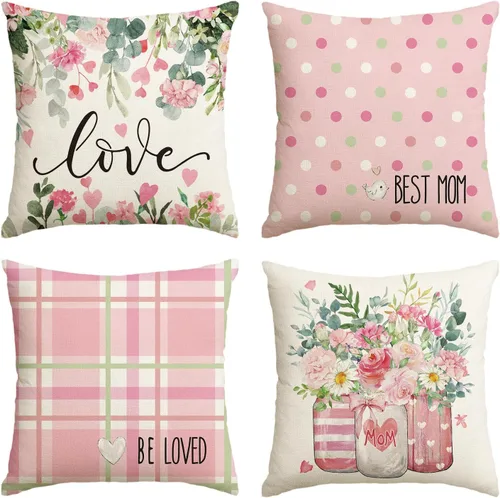 AVOIN colorlife Juego de 4 fundas de almohada rosas para el Día de la Madre, jarrones de 18 x 18 pulgadas, regalo de flores para mamá, decoración