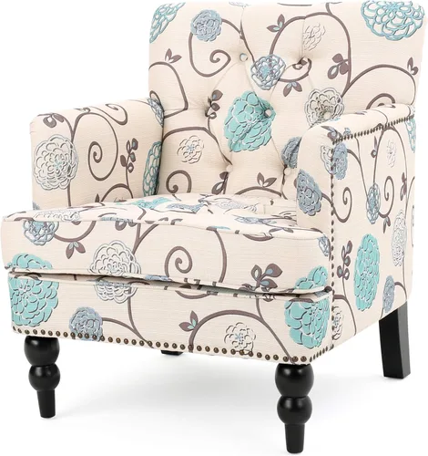 Christopher Knight Home Harrison - Silla de club copetuda de tela, color blanco y azul (29.5 pulgadas de profundidad x 28 pulgadas de ancho x 33.5