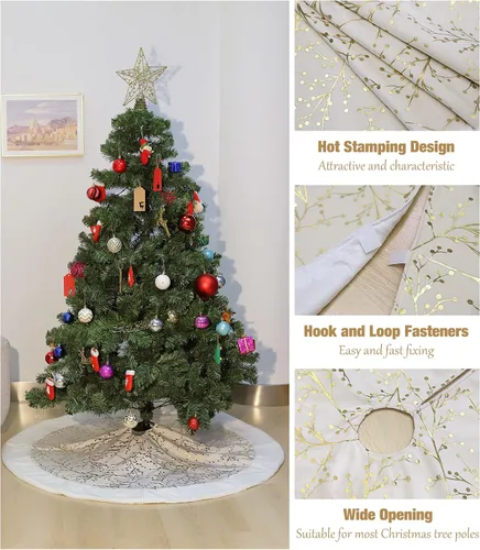 Miniatura 4 de Lewondr Falda de árbol de Navidad de 48 pulgadas, copos de nieve de lentejuelas doradas de felpa blanca para decoración de árbol de Navidad, beige