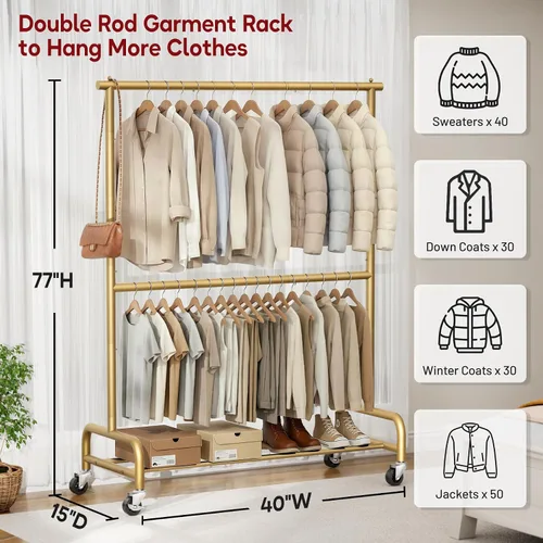Miniatura 2 de SLEEPING LAMB Perchero de Ropa Resistente de Doble Barra para Colgar Ropa, Perchero de Vestimenta Metálico Rodante con Ruedas, Perchero Colgador