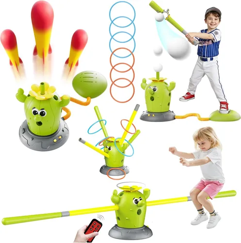 Cactus 4 en 1 juguetes musicales saltarines, juego de lanzar anillos y lanzador de cohetes pisoteables para niños de 3 a 8 años, juguete deportivo